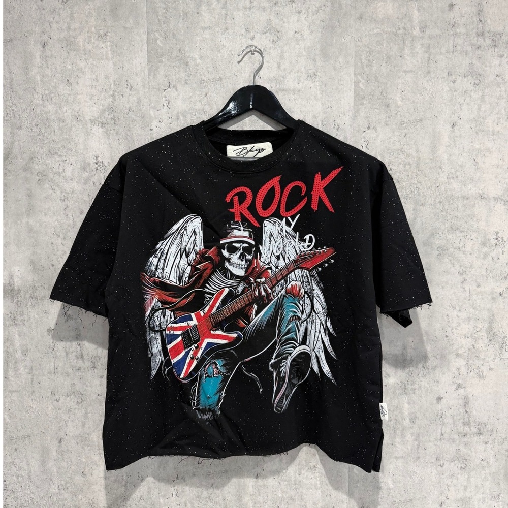 BKYS Rock My World Skeleton Guitar Graphic T-Shirt Washed Grey Mens Medium T1356
